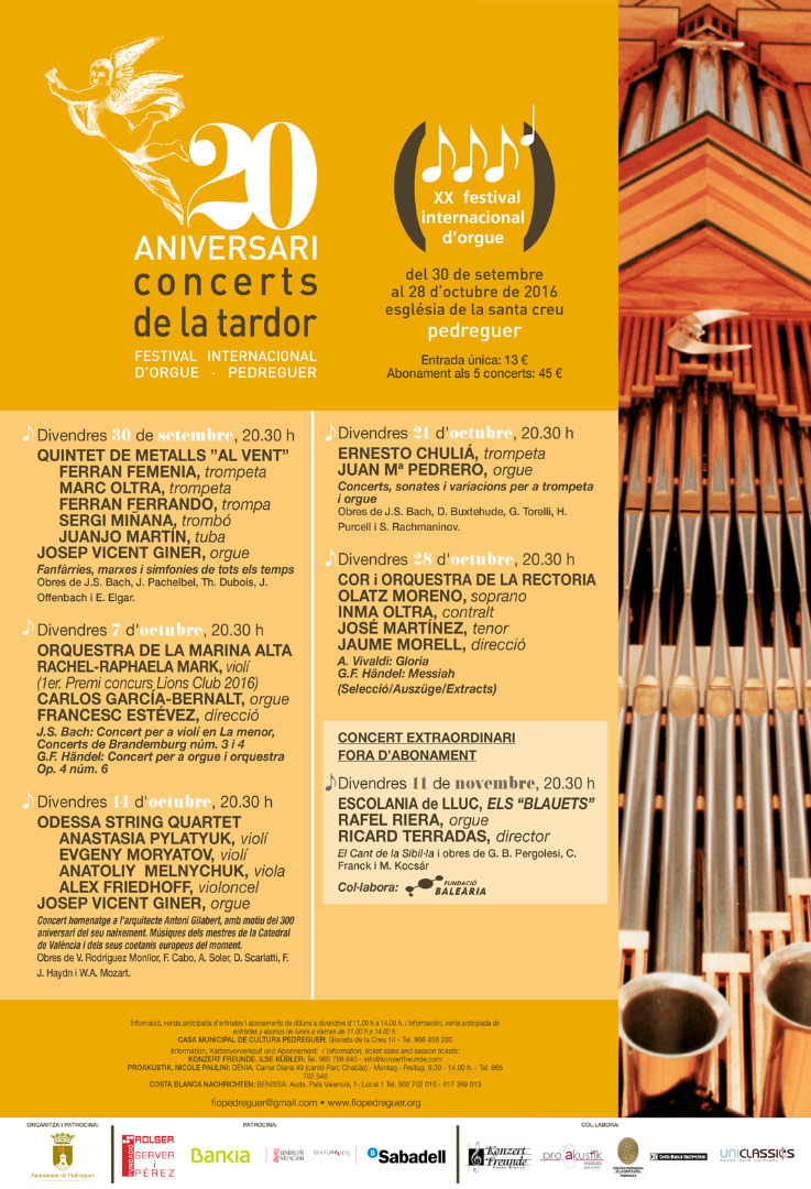 El Festival Internacional de Órgano de Pedreguer cumple veinte ediciones con una programación especial