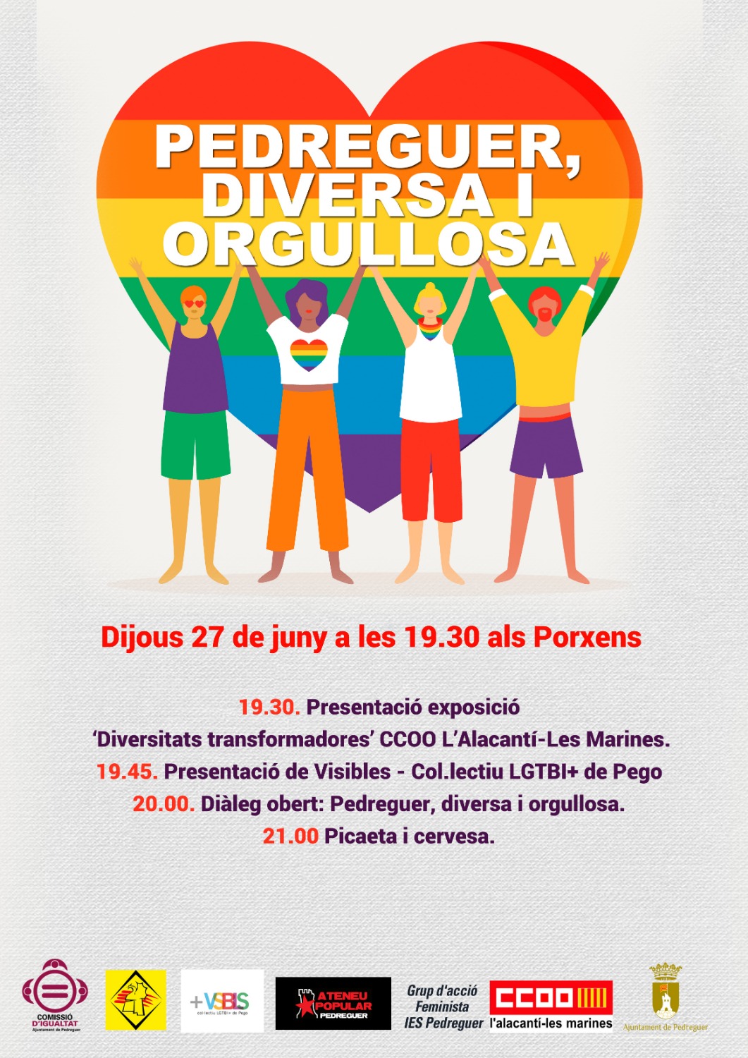 El dia 27 de juny Pedreguer celebrarà l'Orgull LGTBIQ+ amb una trobada sobre diversitats
