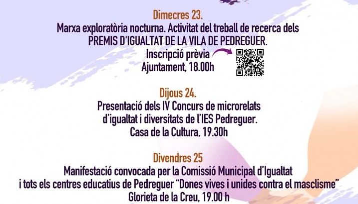 La comisión de igualdad municipal de Pedreguer presenta la programación de noviembre bajo el lema MUJERES VIVAS Y UNIDAS CONTRA EL MACHISMO