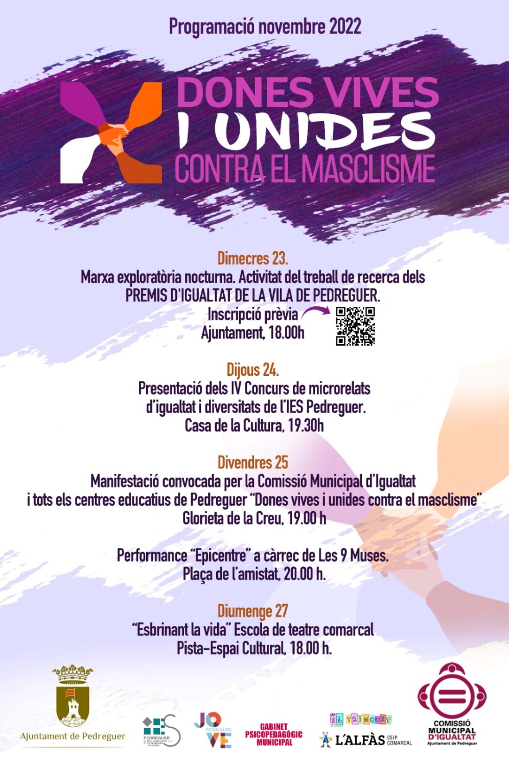 La comisión de igualdad municipal de Pedreguer presenta la programación de noviembre bajo el lema MUJERES VIVAS Y UNIDAS CONTRA EL MACHISMO