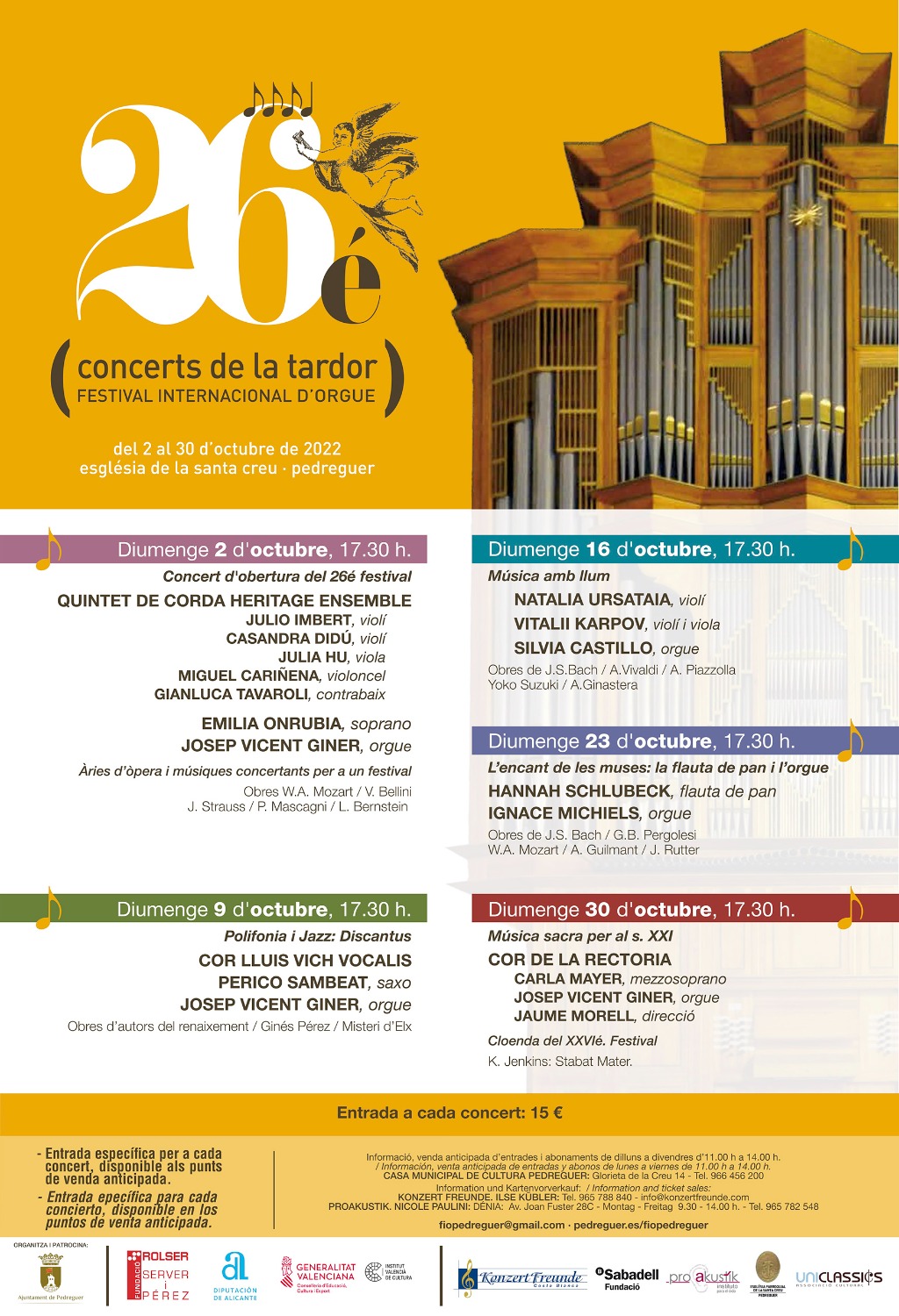 Solistes i formacions instrumentals i vocals de molt alt nivell artístic protagonitzaran la XXVI edició dels Concerts de la Tardor de Pedreguer